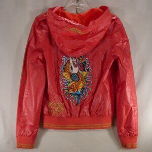 Womens Y2K Ed Hardy True Love Mermaid Coral Rhinestone Jacket Windbreaker Hood S